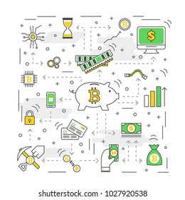 Bitcoin concept vector illustration. Thin line flat style design elements, symbols, icons for web banners and printed materials.
