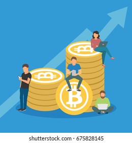 Bitcoin concept vector illustration of young people using laptop and smartphone for online funding and making investments for bitcoin and blockchain. Flat design of new technology.