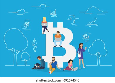 El concepto Bitcoin ilustra vectorial a los jóvenes usando laptops y smartphones para financiamiento en línea y haciendo inversiones para bitcoin y blockchain. Diseño plano de la nueva tecnología