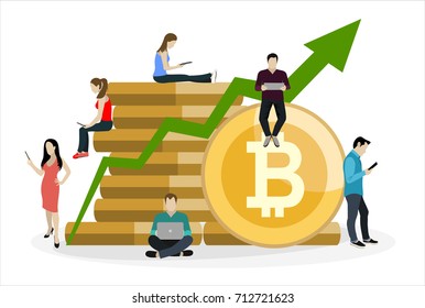 Bitcoin concept vector illustration of young people using laptop and smartphone for online funding and making investments for bitcoin and blockchain. Flat design of new technology.