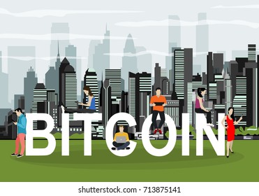 Bitcoin concept vector illustration of young people using laptop and smartphone for online funding and making investments for bitcoin and blockchain. Flat design of new technology