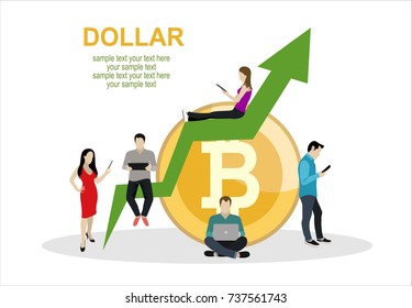 Bitcoin concept vector illustration of young people using laptop and smartphone for online funding and making investments for bitcoin and blockchain. Flat design of new technology