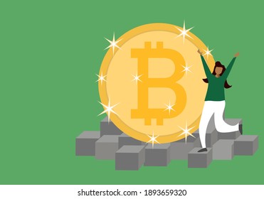 Bitcoin concept; the woman earn bitcoin when he can prove digital transaction. Digital currency disruptive.