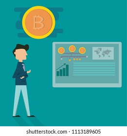 Bitcoin concept.Flat design, Creating digital currency Businessman looking marketing on computer . Cartoon vector illustration