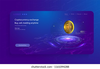 Bitcoin conceptual background with blue glowing electric lights in style hud. Modern bright banner, site template with place for your text.