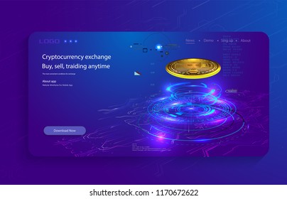 Bitcoin conceptual background with blue glowing electric lights in style hud. Modern bright banner, site template with place for your text.