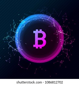 Bitcoin conceptual glowing background. Crypto currency blockchain business mining bitcoin.