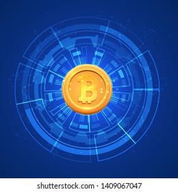 Bitcoin conceptual glowing background. Crypto currency blockchain business mining bitcoin.