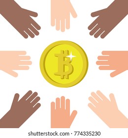 Bitcoin, conceptual illustration. Crypto currency. Many hands trying to reach for a golden coin with a "B" symbol