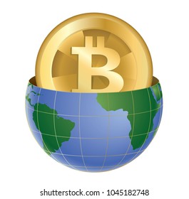 Bitcoin - A conceptual illustration of a digital cryptocurrency rising from inside an image of the globe. Stock vector illustration.
