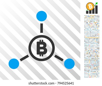Bitcoin Connections pictograph with 7 hundred bonus bitcoin mining and blockchain graphic icons. Vector illustration style is flat iconic symbols design for crypto currency websites.