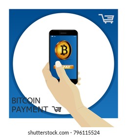 Bitcoin contactless payment. Hand holding smartphone with gold bitcoin and finger press button "pay". Vector