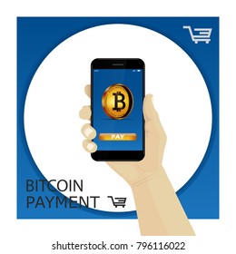 Bitcoin contactless payment. Hand holding smartphone with golden bitcoin and button "pay". Vector