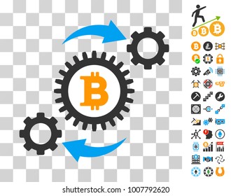 Bitcoin Conversion Gears pictograph with bonus bitcoin mining and blockchain icons. Vector illustration style is flat iconic symbols. Designed for blockchain software.