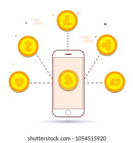 Bitcoin conversion to others cryptocurrencies. Smart Phone on abstract background.