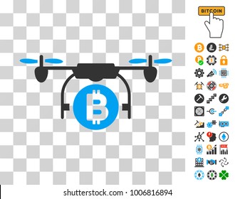 Bitcoin Copter icon with bonus bitcoin mining and blockchain graphic icons. Vector illustration style is flat iconic symbols. Designed for crypto-currency apps.