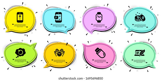 Bitcoin, Copyright laptop and Swipe up signs. Chat bubbles with quotes. Safe time, Usb stick and Recovery data line icons set. Smartphone notification, Smartwatch symbols. Vector