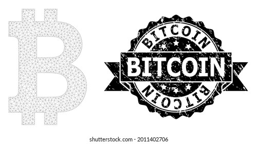 Bitcoin corroded seal print and vector bitcoin mesh structure. Black stamp includes Bitcoin title inside ribbon and rosette. Abstract flat mesh bitcoin, designed with flat mesh.