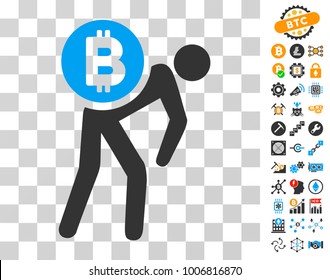 Bitcoin Courier Man icon with bonus bitcoin mining and blockchain symbols. Vector illustration style is flat iconic symbols. Designed for bitcoin websites.
