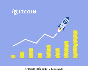 Bitcoin course in flat design. Crypto currency growth chart of the financial system. Vector illustration with stacks of money coins.