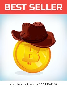 Bitcoin in cowboy hat. Bitcoin. Digital currency. Crypto currency. Money and finance symbol. Miner bit coin criptocurrency. Virtual money concept. Cartoon Vector illustration.