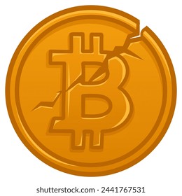 Bitcoin Cracked Broken Coin Cryptocurrency Damaged Vector Drawing Illustration