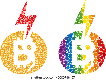 Bitcoin crash collage icon of circle spots in different sizes and spectrum multicolored shades. A dotted LGBT-colored bitcoin crash for lesbians, gays, bisexuals, and transgenders.