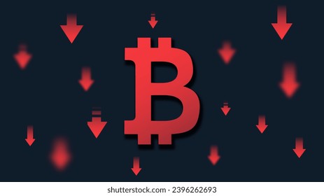 Bitcoin crash concept. Red cryptocurrency with down arrows. Investing and trading, economy. Bitcoin modern technologies. Poster or banner for website. Cartoon flat vector illustration