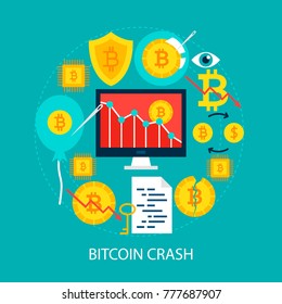 Bitcoin Crash Flat Concept. Poster Design Vector Illustration. Set of Cryptocurrency Objects.
