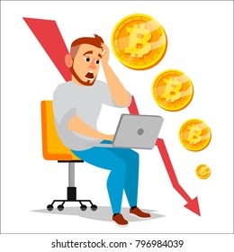 Bitcoin Crash Graph Vector. Bitcoin Price Drops. Crypto Currency Market Concept. Surprised Investor Or Businessman. Annoyance, Panic. Isolated Flat Cartoon Illustration