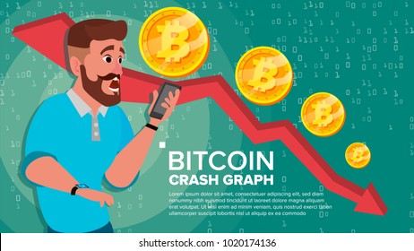 Vector de gráfico de caída de bitcoin. Sorprendido Inversor. Intercambio de Crecimiento Negativo. Colapso De Moneda Cripta. Concepto del mercado de divisas criptográfico de Bitcoin.  Molestia, pánico. Ilustración de caricaturas planas
