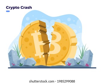 Ilustración de caída de bitcoin. Desplome del precio de la moneda de criptografía. Riesgos y peligros de invertir en Bitcoin o cripto. El mercado de criptografía baja y perdida.