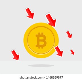 Bitcoin Crash vector. The Fallen In Price Bitcoin. cryptocurrency crash vector. Bankrupt Bitcoin. Money loss vector. cryptocurrency crisis