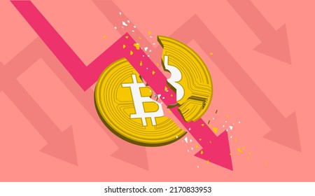 Bitcoin crashing - Broken and destroyed crypto currency coin with red arrowing pointing downwards. Vector illustration