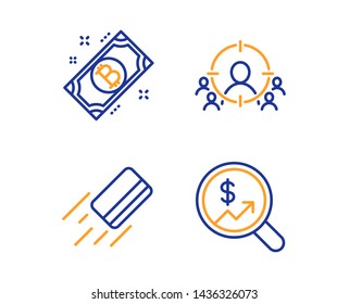 Bitcoin, Credit card and Business targeting icons simple set. Currency audit sign. Cryptocurrency coin, Bank payment, People and target aim. Money chart. Finance set. Linear bitcoin icon. Vector