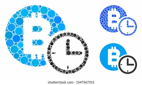 Bitcoin credit clock composition of filled circles in variable sizes and color tints, based on Bitcoin credit clock icon. Vector filled circles are grouped into blue mosaic.
