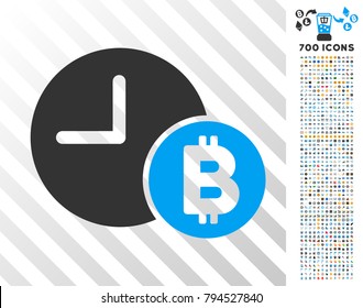 Bitcoin Credit Clock icon with 7 hundred bonus bitcoin mining and blockchain clip art. Vector illustration style is flat iconic symbols design for crypto currency software.