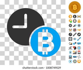Bitcoin Credit Clock icon with bonus bitcoin mining and blockchain pictures. Vector illustration style is flat iconic symbols. Designed for bitcoin software.