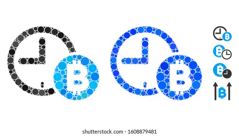 Bitcoin credit clock mosaic of circle elements in variable sizes and shades, based on Bitcoin credit clock icon. Vector round elements are united into blue illustration.