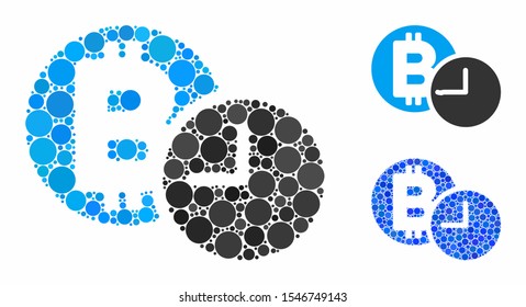Bitcoin credit clock mosaic of filled circles in variable sizes and color hues, based on Bitcoin credit clock icon. Vector small circles are composed into blue illustration.