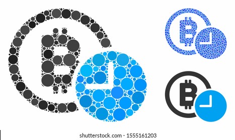 Bitcoin credit clock mosaic of round dots in various sizes and color hues, based on Bitcoin credit clock icon. Vector round dots are composed into blue mosaic.