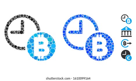 Bitcoin credit clock mosaic of small circles in various sizes and color tones, based on Bitcoin credit clock icon. Vector filled circles are combined into blue mosaic.
