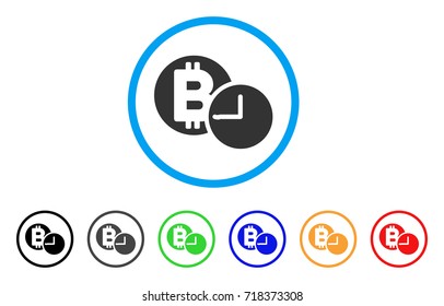 Bitcoin Credit Clock rounded icon. Style is a flat bitcoin credit clock gray symbol inside light blue circle with black, gray, green, blue, red, orange versions.