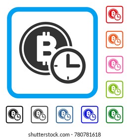 Bitcoin Credit Time icon. Flat grey pictogram symbol inside a blue rounded frame. Black, gray, green, blue, red, orange color additional versions of Bitcoin Credit Time vector.