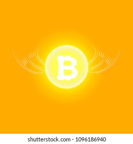 Bitcoin Cripto currency blockchain. Bitcoin flat logo on orange background. Bitcoin with wings