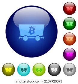 Bitcoin criptocurrency mining icons on round glass buttons in multiple colors. Arranged layer structure