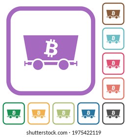 Bitcoin criptocurrency mining simple icons in color rounded square frames on white background