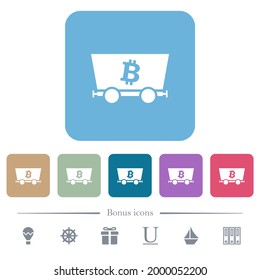 Bitcoin criptocurrency mining white flat icons on color rounded square backgrounds. 6 bonus icons included