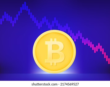 Bitcoin crisis concept with exchange rate graphic. Vector 3d illustration