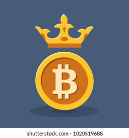 Bitcoin with crown flat icon. Digital cryptocurrency concept. Golden coin with bitcoin symbol on dark blue background. Vector illustration